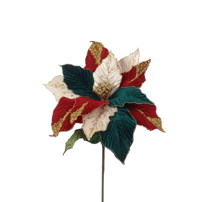 24 in Velvet/Sequin Tricolor Poinsettia w/Glitter Center - Burgundy/Cream