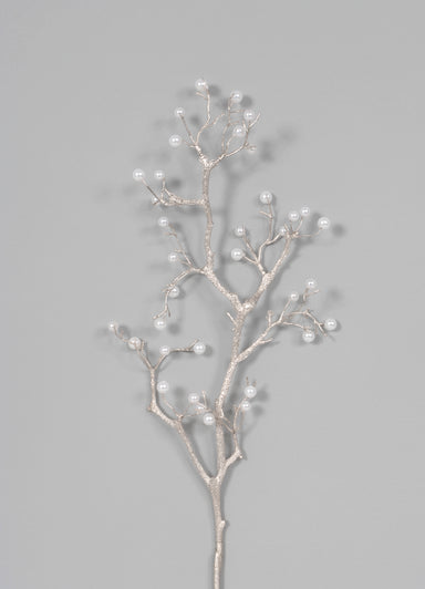 Metallic Branch w/Pearls Spray - Silver/White