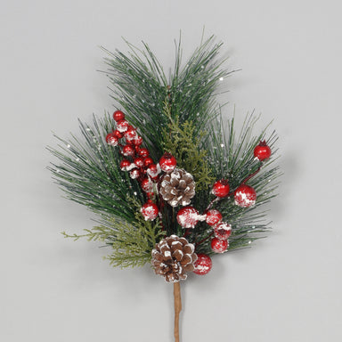 13" Snow/Glitter Pine Styrofoam Berry/Cone Pick