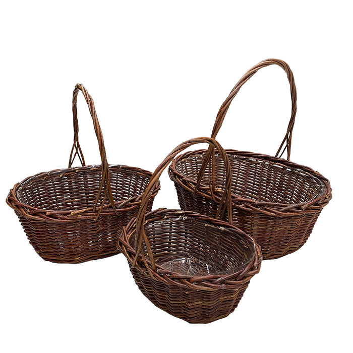 Set of 3 Unpeeled Oval Willow Baskets w/Handle