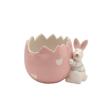 5" Ceramic Sitting Bunny Hugging Egg Pot - White/Pink