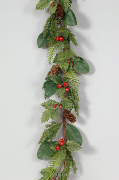 Holly/Foam Magnolia Leaves/Berry/Cone Garland