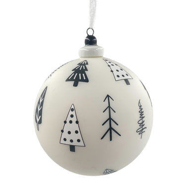 100mm Hand-Blown Bauble Porcelain Ornament w/Abstract Tree - White