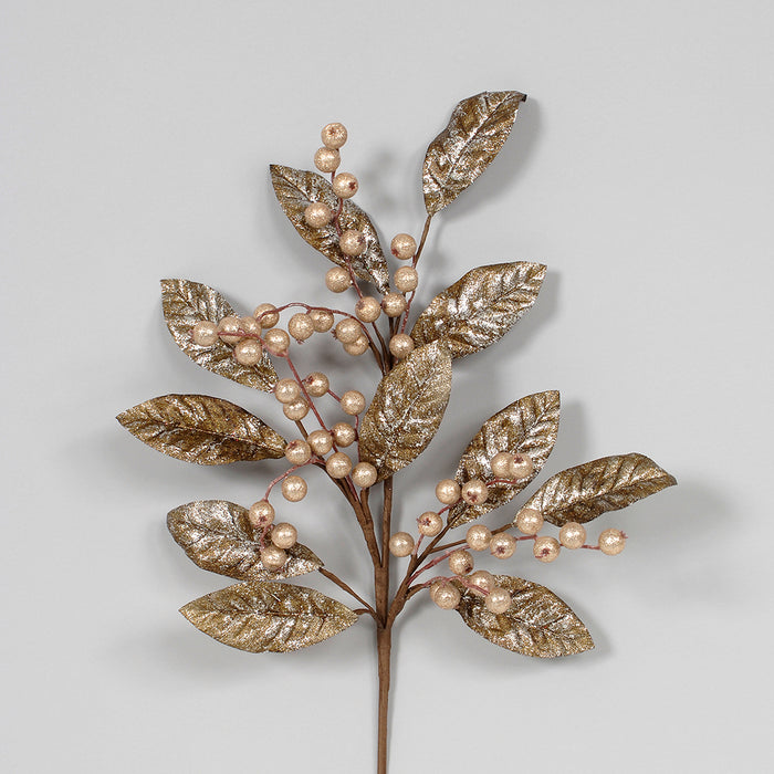 28" Metallic Magnolia Leaves/Glittered Berry Spray - Pewter