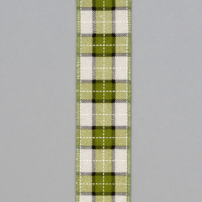 Brush Fabric Plaid Ribbon - Green/Ivory