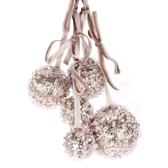 11" Glitter Bead Ball Ornament X 5 - Platinum/Champagne