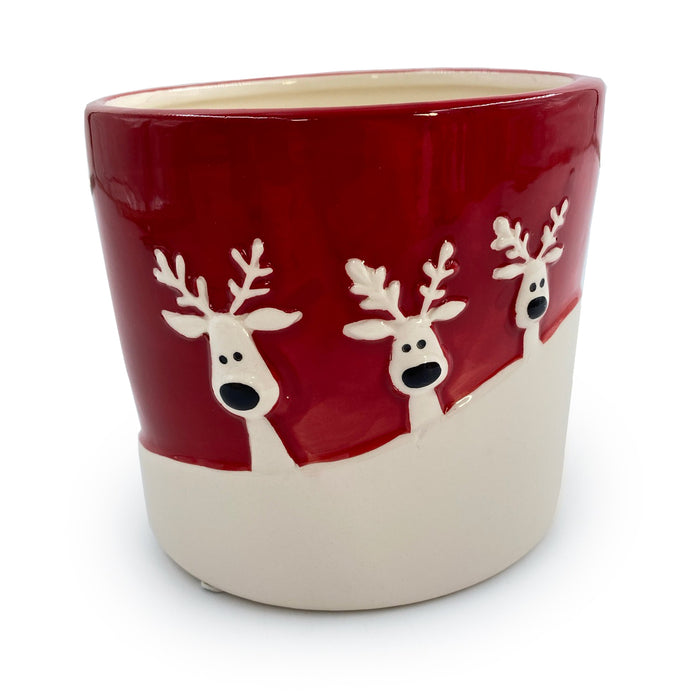 4 3/8" Cylinder Pot w/3 Reindeer - Red/Cream